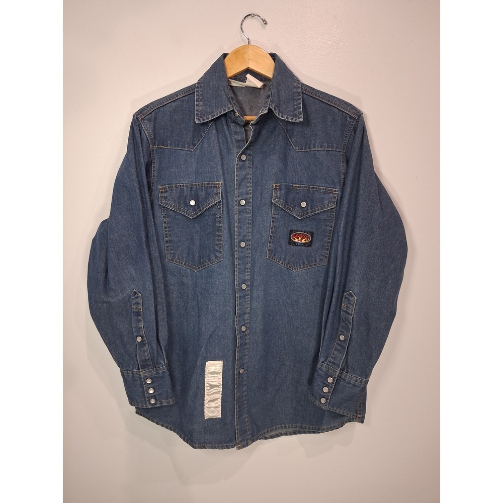 Rasco FR Mens Blue Denim Western Work Shirt Pearl Snap Fire Retardant Medium REG